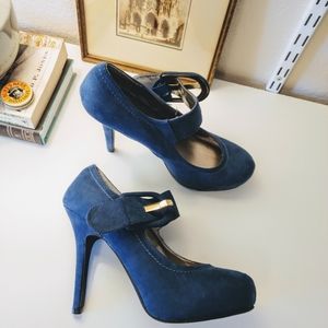 Madeline girl blue suede strappy buckle high heels